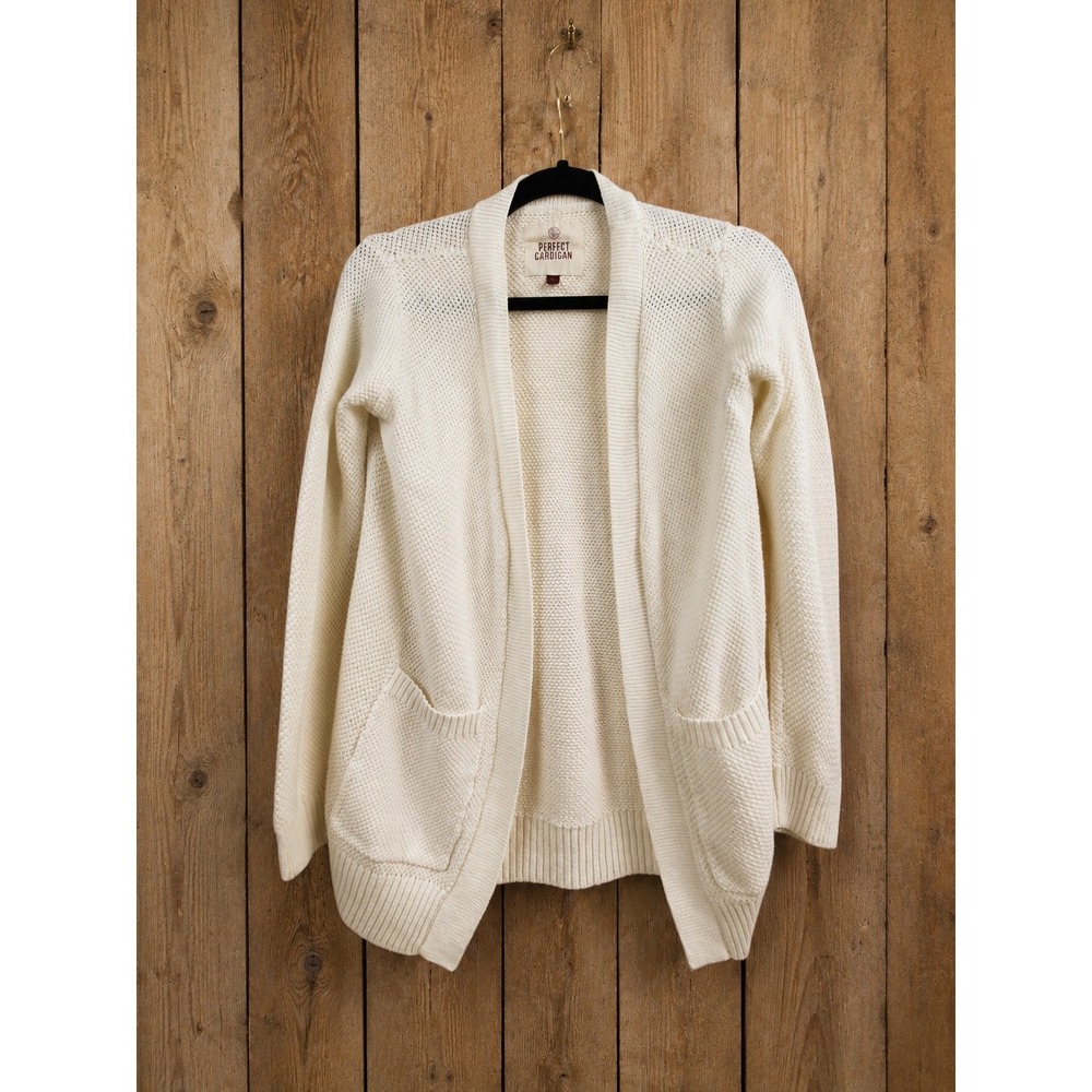 SO Perfect Cardigan Womens Medium Cream White Open Front Knit Sweater Pockets